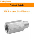 Check valve, side view, 304 stainless steel, 1/4 in NPT female to male threads, one-way flow