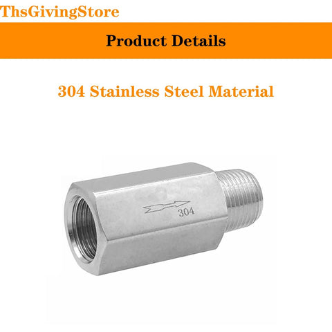 Check valve, side view, 304 stainless steel, 1/4 in NPT female to male threads, one-way flow
