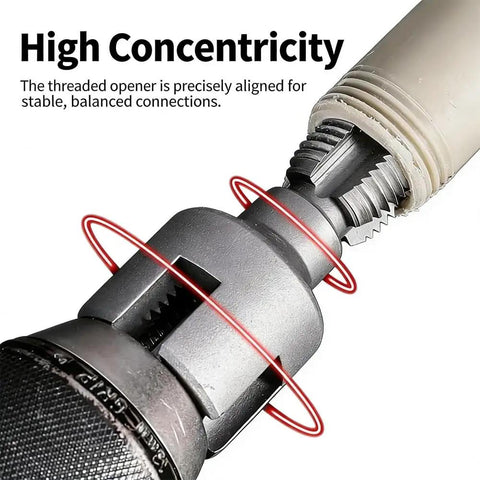 Close-up of All In One Drill Driven Pipe Threader And Wrench For PVC And Water Pipes aligned for threading