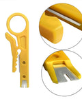 Close-up of a yellow mini wire stripper from 6 Piece Mini Wire Stripper Set With Sharp Blades For RJ45 Cat5 Cat6 Cables Handy Network Cable Cutter And Punch Down Tool Tiny But Tough UTP Data Line Strippers For Home Office Tech Projects.