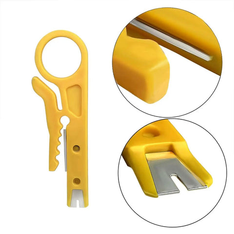 Close-up of a yellow mini wire stripper from 6 Piece Mini Wire Stripper Set With Sharp Blades For RJ45 Cat5 Cat6 Cables Handy Network Cable Cutter And Punch Down Tool Tiny But Tough UTP Data Line Strippers For Home Office Tech Projects.