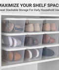 10 Pack Heavy Duty Six Quart Clear Plastic Stackable Storage Bins Featuring Slick Snap On Lids holding various shoes on a shelf.