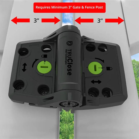 Heavy Duty Self Closing Gate Hinges Pair Black Steel with manual alignment adjustment, fit 3 inch posts, for outdoor fence.