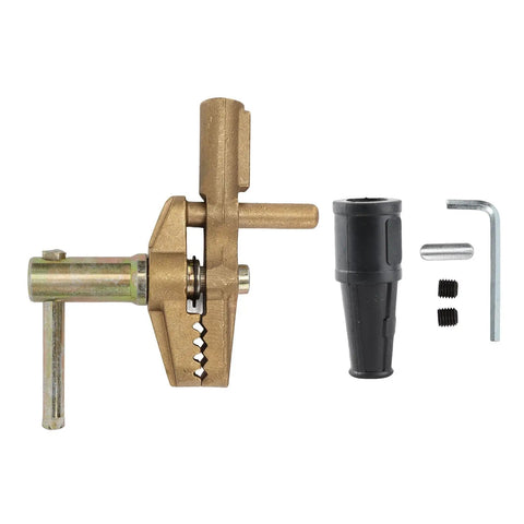 Super Heavy Duty 800A Grounding Brass Welding Clamp With Rubber Sleeve, side view with black rubber sleeve and included tools.