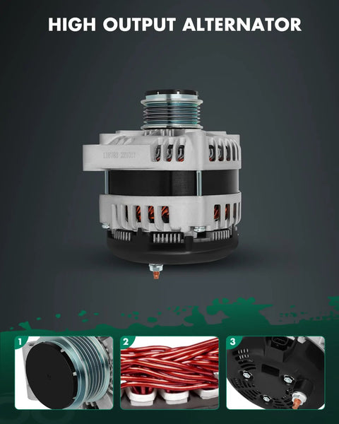Beefed Up 170 Amp 12V Alternator Replacement for Chevrolet Traverse 2009 to 2017 front view with detailed coil and pulley