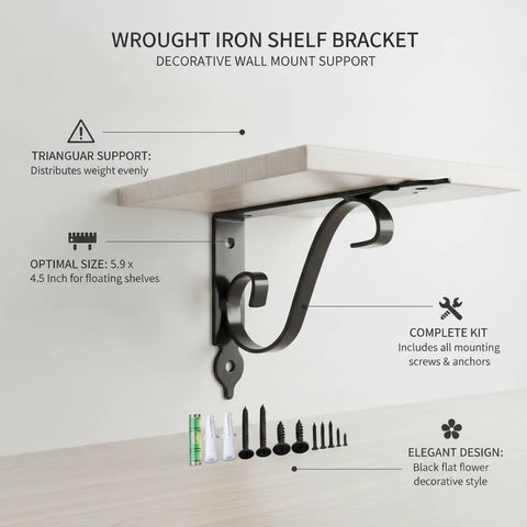 Floating Shelf Bracket For Kitchen And Living Room With Screws, Wrought Iron Wall Mount, black triangular flat flower design