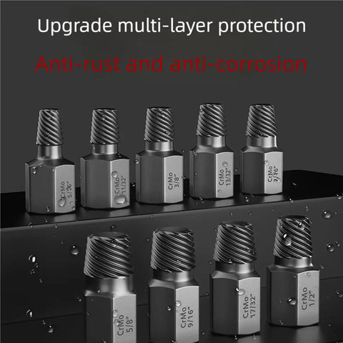 15 Piece Screw Extractor Set For Stripped, Rusted And Broken Bolts And Screws, easy out tools displayed with anti-rust text