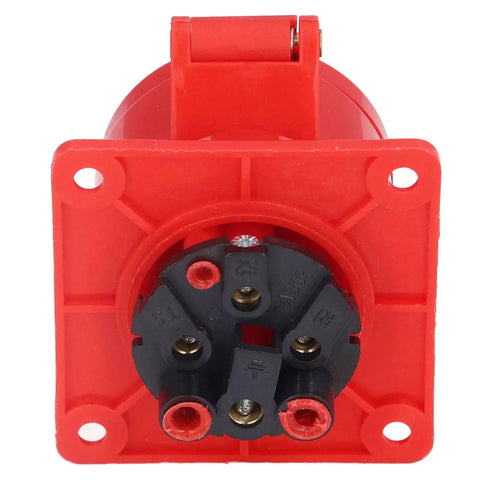 Heavy Duty Industrial Concealed Power Outlet IP44 Wall Socket PC Brass Red Commercial Grade Electrical Jack view from front with terminals.