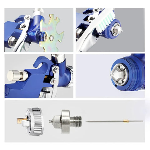 Close up of Pro Level Mini Hvlp Paint Sprayer With Gravity Feed Cup And Genuine Stainless Steel 1.0Mm Nozzle parts and details.