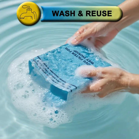 Hands washing a Ten Pack Wet Dry Vacuum Filter Bag For Stinger Husky Bucket Head And Other Two And A Half To Five Gallon Shop Vacuums Universal Fit VF2000 WS01025F 9 38737 Compatible Replacement Parts Heavy Duty Easy Fit in soapy water.