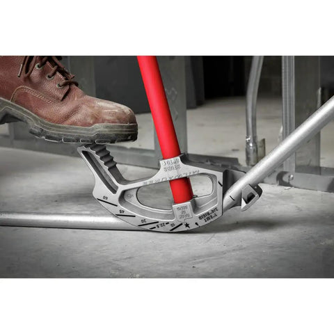 Milwaukee 1 Inch Emc Aluminum Conduit Bender One Hand Pipe Bending Tool Heavy Duty with red handle and gray base on floor.