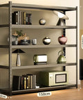 Kickass Heavy Duty 5 Tier Metal Shelving Unit Built Tough 2000 Lb Capacity Storage Rack with books and decor items.