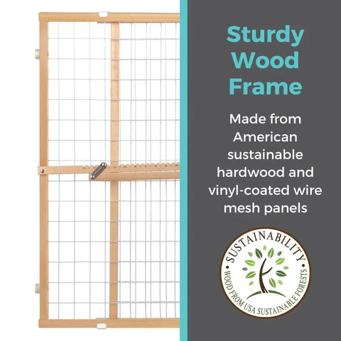 Extra Wide Wooden Baby Gate With Wire Mesh Pressure Mounted Gate For Doorways Adjustable 29.5 To 50 Inches Wide And 31 Inches Tall