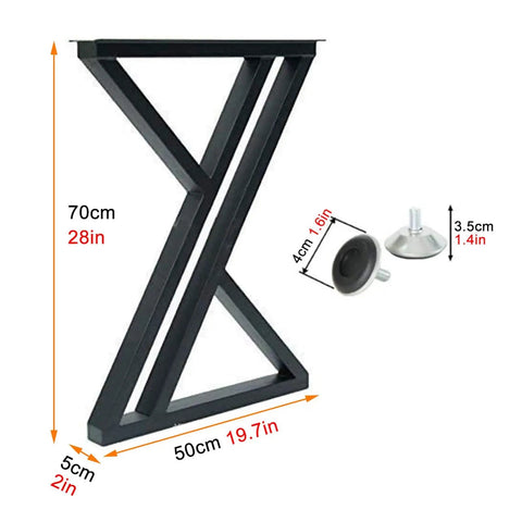 Heavy Duty 28 Inch Metal Table Legs Set For DIY Furniture showing X-shaped steel leg with measurements and mounting hardware