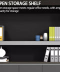 Heavy Duty Floor Standing Bookshelf And File Cabinet Pairing warm wood tones with dark steel. Open storage shelf with organized office supplies.