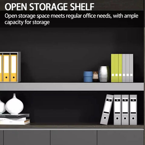 Heavy Duty Floor Standing Bookshelf And File Cabinet Pairing warm wood tones with dark steel. Open storage shelf with organized office supplies.