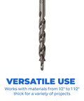 Pro Grade Pocket Hole Drill Bit For Accurate Pocket Hole Joinery With Easy Set Design In High Speed Steel For Materials From Half Inch To One And A Half Inch Thick Wood Kreg Compatible, close-up view with text 'Versatile Use'.