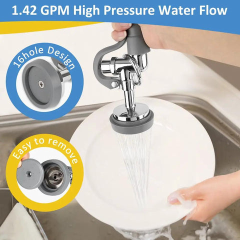 Heavy Hitter Commercial Pre Rinse Sprayer Valve Replacement Kit High Pressure Dish Spray Head showing 1.42 GPM flow from sprayer.