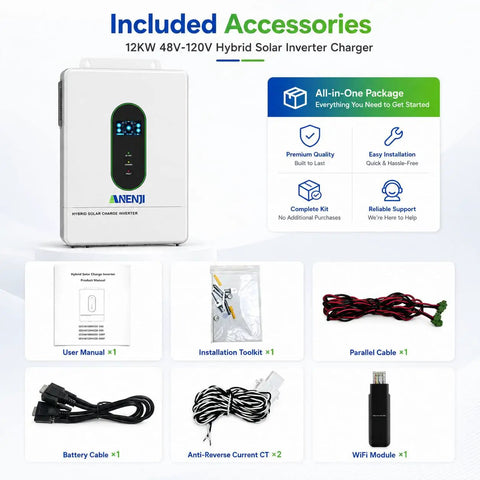 Included accessories for Rugged Heavy Duty 12000W Solar Hybrid Inverter: cables, tools, and user manual.