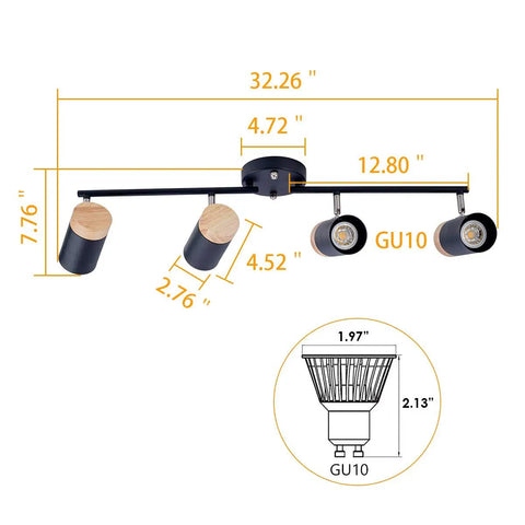 Black Track Lighting With Natural Wood Accent Four Adjustable GU10 Heads 365 Degree Horizontal Rotation And 90 Degree Vertical Tilt For Living Room And Kitchen Ambiance Vibe