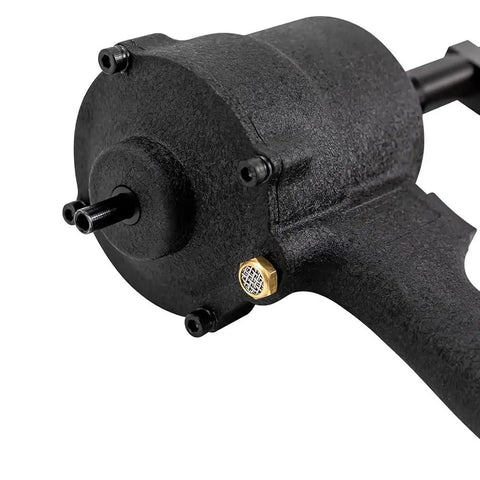 Close-up of Beefy Pneumatic Hole Punch Tool with 360 Degree Rotating Head and components for sheet metal use.