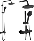 Thermostatic Shower System With 8 Inch Round Shower Head Exposed Faucet Wall Mount And Height Adjustable Slide Bar ABS Handheld Sprayer Without Tub Spout Matte Black Anti Scald Temperature Control Built To Last Brass And Stainless Build