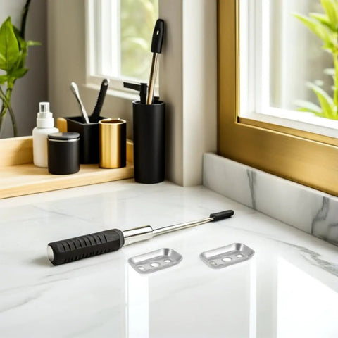 Stainless Steel Towel Bar Mounting Hardware Set with 45x26mm backing plates and screwdriver on bathroom counter