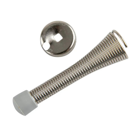 Heavy Duty Brushed Nickel Spring Door Stop With Rubber Bumper Tips, Spring Steel Construction, About Three Inches Long, 12 Pack With Mounting Hardware