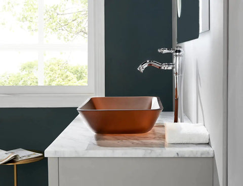 Star Gold Camelia Series Rectangular Tempered Glass Vessel Sink For Bathroom, Tea Matte Finish on marble counter