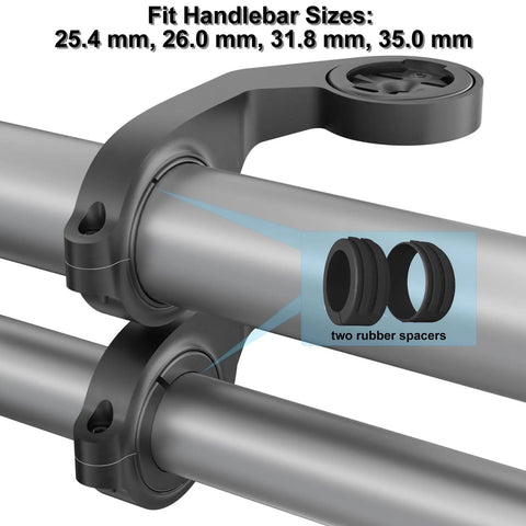 Out Front Bike Mount For Edge GPS Computers With Extended Handlebar Arm for 25.4 to 35mm bars, includes two rubber spacers.