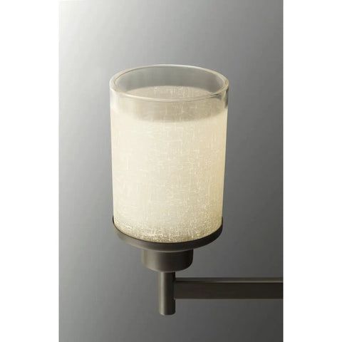 Close-up of Two Light Bath Vanity Light In Antique Bronze With Etched Umber Linen Glass And Clear Edge Glass Dimmable Energy Efficient LED Compatible