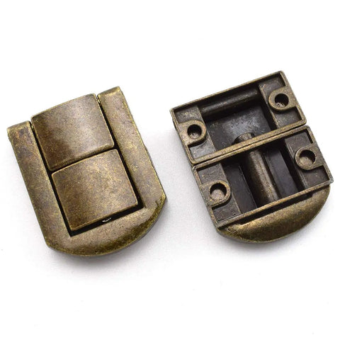 Close-up of 4 Pack Zinc Alloy Toggle Latch With Screws, Antique Bronze Finish, Rectangle Mini Hasp Clasp parts on light background.