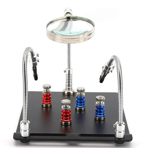 Go-To Magnetic Helping Hand With Four PCB Pillars And Three Magnifying Lamps on black base, featuring adjustable gooseneck arms.