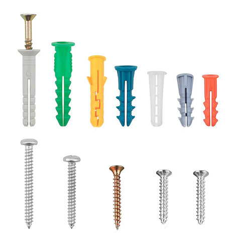 Drywall Anchor Kit With Screws 144 Piece Color Coded Wall Anchors And Self Tapping Screws Six Sizes Plastic on white background