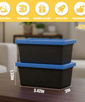 Two blue Stackable Mini Tote Bins With Lids For Desk Organization And Craft Storage on a table, dimensions shown.