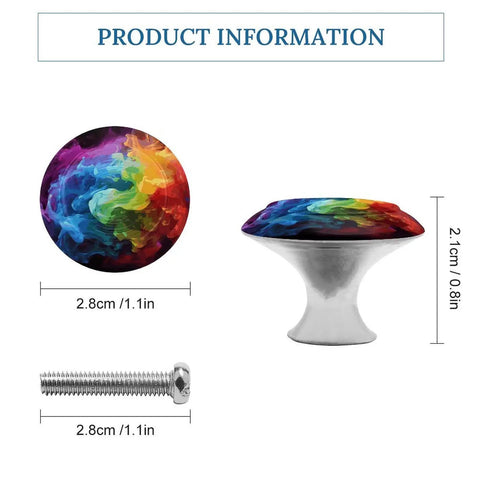 No Fuss 2 Pack Round Cabinet Knobs And Pull Handles For Kitchen Drawer Hardware 1.1 Inch Rainbow Smoke Stainless Steel with dimensions shown.