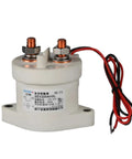 Heavy Duty High Voltage DC Contactor With 200A Solenoid Relay Switch And 12V To 84V Coil Options For EV Battery Cut Off And Solar Power Systems, top view showing connections and label.