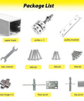 Package list of Pocket Door Bifold Hardware Kit with Adjustable Height Rollers showing track, pulleys, brackets, and screws.