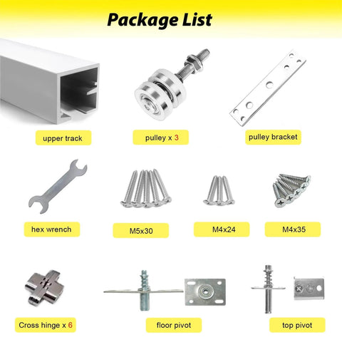 Package list of Pocket Door Bifold Hardware Kit with Adjustable Height Rollers showing track, pulleys, brackets, and screws.