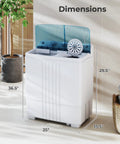 No Sweat Compact Twin Tub Washer And Spinner Combo Portable 20 Lb dimensions illustration with height and width markings.