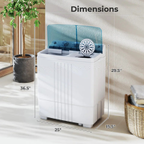 No Sweat Compact Twin Tub Washer And Spinner Combo Portable 20 Lb dimensions illustration with height and width markings.