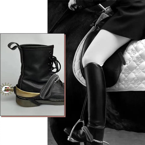 Two Pieces Handmade PU Leather Spur Straps For Western Riding With Adjustable Buckle Double Ply Reinforced Stitching Black Spurs Belts On Boots and Saddle