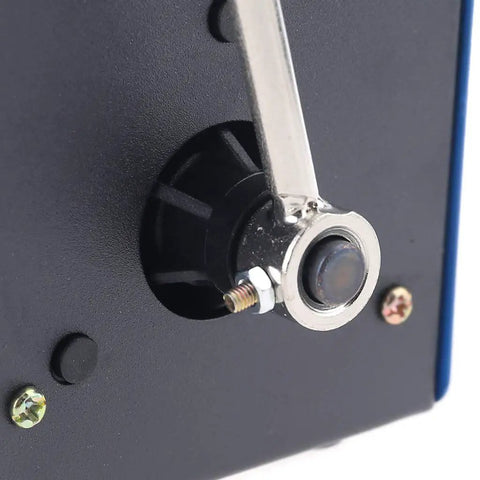 Close-up of crank handle on Grab And Go Crank Powered 20W Portable Power Generator with USB charging for cellphone and laptop.