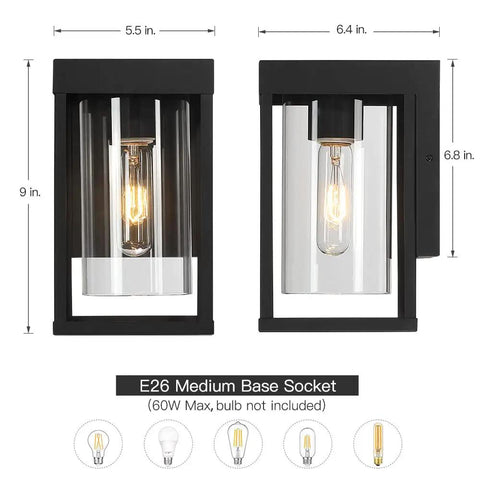 2-Pack Black Outdoor Wall Light Fixtures Exterior Wall Lantern Sconce For Porch And Patio, 9-Inch Tall Wall Mount With Clear Glass Shade, Weatherproof Exterior Lighting For Curb Appeal