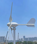 1000W 48V Horizontal Wind Turbine Kit With 3 Blades And MPPT Charge Controller installed with city skyline in background