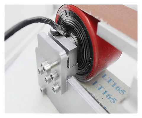 Close-up of the motor assembly of the Badass 600W Brushless Water Cooling Belt Sander And Polisher, showcasing steel components.