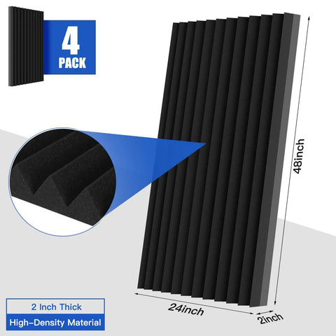 Top Tier Black Acoustic Panels 4 Pack Heavy Duty Soundproof Foam Wall Tiles High Density Fire Retardant Noise Killing Room Upgrade 48 By 24 By 2 Inch studio-ready panels shown with detailed thickness.