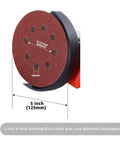 5 Inch 8 Hole Sanding Discs Hook And Loop Backing showing size and measurement on a sanding tool for efficient dust extraction.