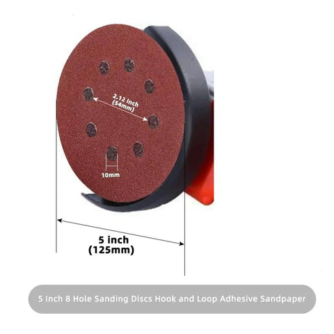 5 Inch 8 Hole Sanding Discs Hook And Loop Backing showing size and measurement on a sanding tool for efficient dust extraction.