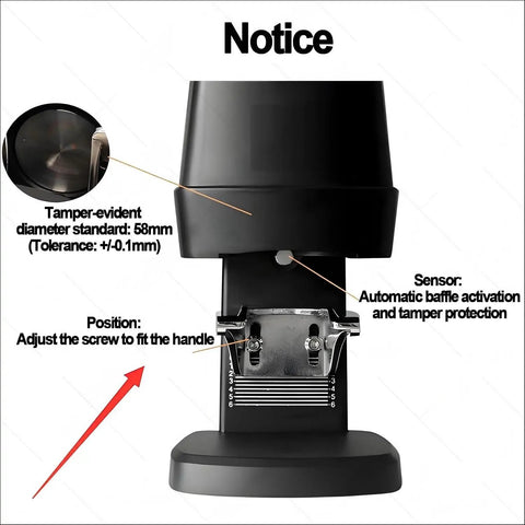 Detail view of Professional Automatic Espresso Tamper with adjustable height and 58mm diameter, showing sensor and position adjustment.